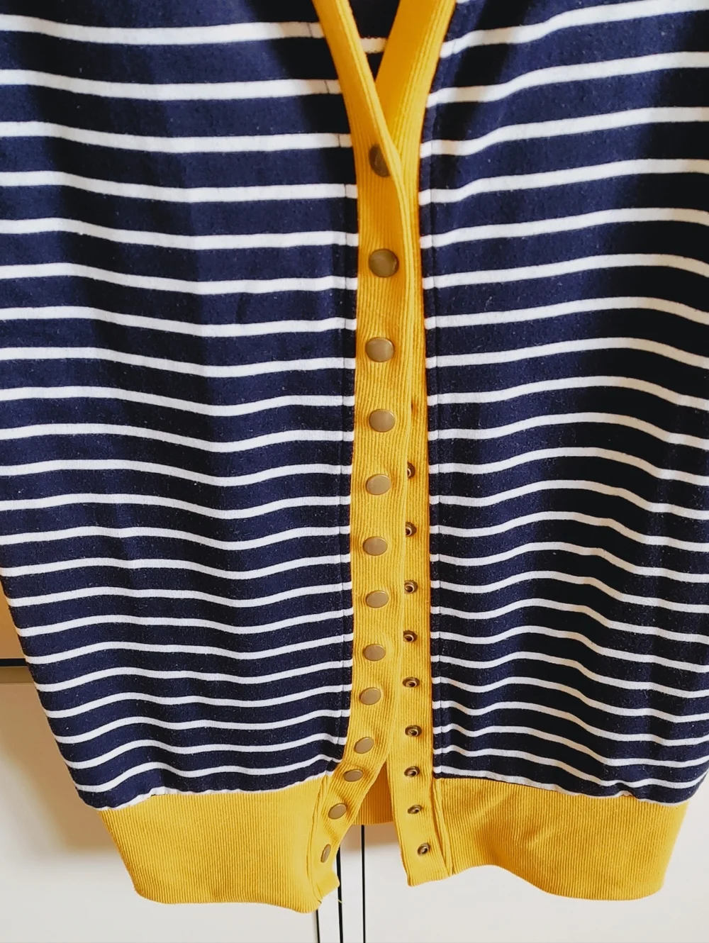 Navy and White Long Striped Cardigan with Yellow Trim - Picture 4 of 8